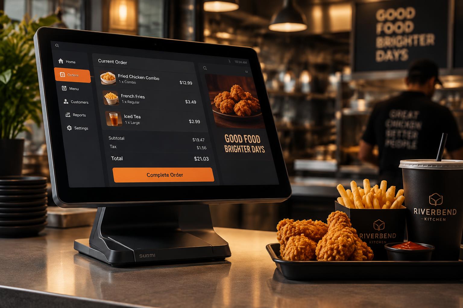 Terminal de punto de venta en el mostrador de un restaurante con una orden de pollo y papas